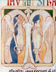 Decoração em papel timbrado de garças e peixes. Miniatura do manuscrito "Testamentum Vetus" de Sancta Cruz de Coimbra. Século XII. Porto, biblioteca municipal.