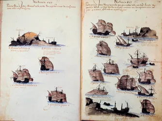 Página manuscrita "Memoriais das Armadas de Portugal sob D. Manuel I (1469-1521)" representando as frotas portuguesas. 1523 a.N. Paris