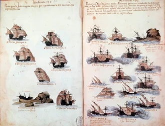 Página manuscrita "Memoriais das Armadas de Portugal sob D. Manuel I (1469-1521)" representando as frotas portuguesas. 1523 a.N. Paris