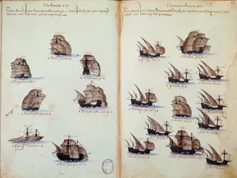 Página manuscrita "Memoriais das Armadas de Portugal sob o reinado de D. Manuel I (1469-1521)" representando as frotas portuguesas