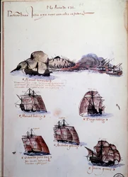 Página manuscrita "Memórias das armadas de Portugal sob D. Manuel I (1469-1521)" representando as frotas portuguesas do ano de 1497. 1500 Lisboa, Museu Nacional de Arte Antiga