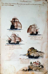 Página manuscrita "Memórias das armadas de Portugal sob D. Manuel I (1469-1521)" representando as frotas portuguesas do ano de 1497. 1500 Lisboa, Museu Nacional de Arte Antiga