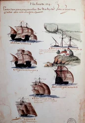 Página manuscrita «Memórias das armadas de Portugal sob o rei D. Manuel I (1469-1521)», representando as frotas portuguesas do ano de 1497. 1500. Lisboa, Museu Nacional de Arte Antiga.