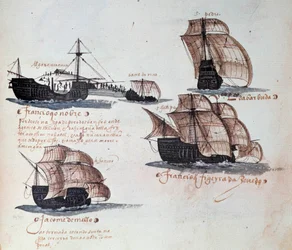 Memorial das armadas de Portugal sob o rei D. Manuel I (1469-1521): representação das caravelas da frota portuguesa. Miniatura de um manuscrito de 1497. Lisboa, Museu Nacional de Arte Antiga