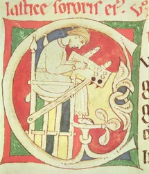 Ms 22 fol.139r Historiated C inicial representando um monge escrito, de Vitae Sanctorum, Santa Cruz de Coimbra