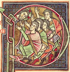 Ms 3088 fol.137r Historiated P inicial que descreve a morte de Joshua, de uma Bíblia, do 12o-13o século