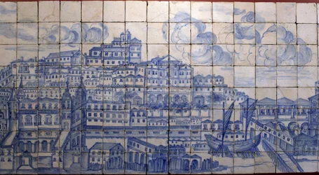 Vista panorâmica de Lisboa, antes do terramoto de 1755 - Azulejos do início do século XVIII, painel referente ao antigo palácio dos condes de Tentúgal, Lisboa, grande panorama de Lisboa antes do terramoto de 1755, faiança do início do século XVIII, antigo