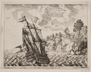Navio de guerra dinamarquês em uma costa rochosa