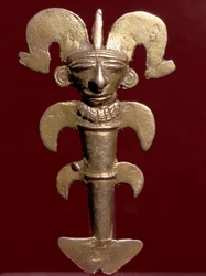 Arte pré-colombiana, civilização Quimbaya (Colômbia): pingente antropomórfico em ouro. 400-1400 AD. Bogotá, Museo de Oro, Colômbia