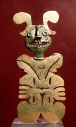 Arte pré-colombiana, civilização Quimbaya (Colômbia): estatueta antropomórfica em ouro. 400-1400 AD. Bogotá, Museo de Oro, Colômbia