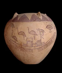 Jarra de barro com decoração pintada, incluindo barcos e animais, c.3400-3300 aC (argila)