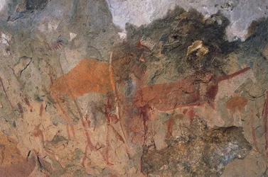 Figuras humanas e animais, pinturas de bosquímanos ou cavernas de areia, Parque Maloti-Drakensberg (Lista do Património Mundial da Unesco, 2000), Lesoto