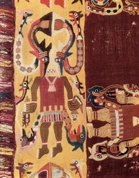 Civilização pré-colombiana: oficiante cerimonial com uma máscara. 300-100 a.C. Tapeçaria de Ica, no Peru. Museu Nacional de Arqueologia de Lima, Peru.