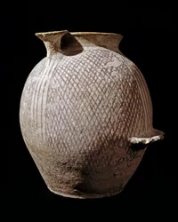 Pré-histoire: vaso de cerâmica policromada de Jericó. 3000-2100 BC. Amman, Museu Arqueológico, Jordânia
