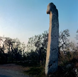 Pré-história: O monge. Menhir do neolítico (6000-3000 a.C.). A idade de Pedro. Altura da pedra 370 cm Modugno, Puglia, Província de Bari, Itália.