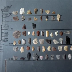 Pré-história, cultura pontiniana: pedras e sílex (produção lítica) da gruta de Moscerini, Lácio. Idade da Pedra. Paleolítico Superior. Roma, Museo Nazionale Preistorico Etnografico Luigi Pigorini