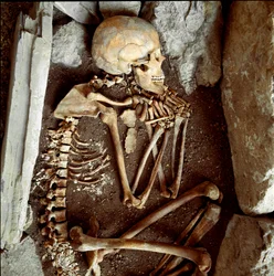 Pré-história: esqueleto feminino da caverna da Candide Arene (Finale Ligure). Idade da pedra, neolítico. Genes, Museo di archeologia Ligure