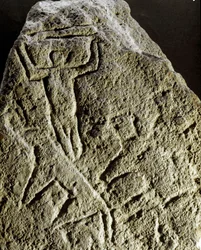 Pré-história, arte rupestre: petróglifo (grafíti sobre pedra), gravação de uma cena de caça, Neolítico, Idade da Pedra