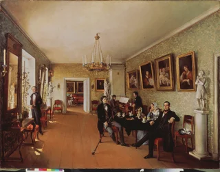 A Family Scene (Actividades diárias à hora do chá, alguns tocam piano, outros ouvem, uma mulher ao fundo faz costura) - A Family Scene - Pintura de Prokofi Yegorovich Pushkaryev (Pushkaryev) (?-desde 1856), h