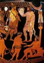 Vaso de Prónomo, cratera de figuras vermelhas. Pormenor representando Hércules (Héracles), os preparativos de um drama satírico na presença de Dioniso e Ariadne; as personagens seguram máscaras de teatro. 400 a.C. Nápoles, Museo Archeologico Nazionale