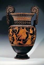 Cratera voluta ática em figura-vermelha, decorada com uma cena de atores e músicos se preparando para uma performance, em grego, de Ruvo, século V aC (cerâmica) (ver também 119444, 119446-7)