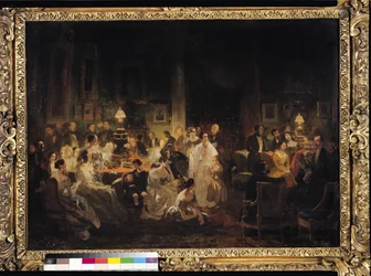 Emile Jean Horace Vernet (1789-1863) Discutindo a invenção do daguerreótipo no salão de Iris de Monsieur