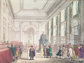 Banco da Inglaterra, Great Hall, de "Microcosmo de Londres", de Ackermann, 1809 (aquatinta)
