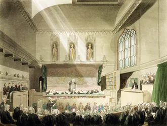 Corte do banco do rei, Westminster Hall, de "o microcosmo de Londres", gravado por J. Preto (fl.1791-1831), bar. por R. Ackermann (1764-1834) 1808 (aquatinta colorida)