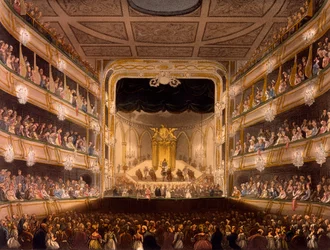 Covent Garden Theatre, do Microcosm of London por R Ackermann, 1808 (aquatinta colorida à mão)