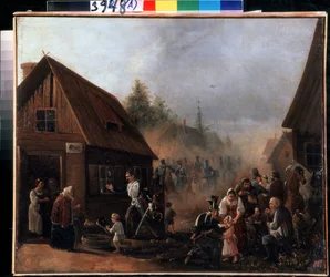 Cena da Guerra Russo-Francesa em 1812 (Cena da Guerra Russo-Francesa em 1812). Pintura de Pyotr Ilyich Baykov (1817-?). Óleo sobre tela, 45,3 x 55,5 cm