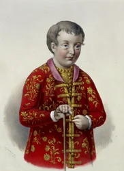 Grão-Duque Simeon Alexeievich (1665-1669) da Rússia (Tsarevich Simeon Alexeevich da Rússia). Obra de Pyotr Fyodorovich Borel (1829-1898), litografia por volta de 1860. Arte russa do século XIX, neo classicismo. Biblioteca Estatal Russa, Moscou.