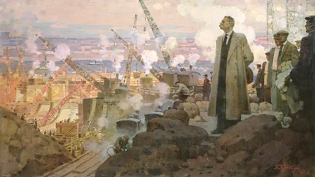 Maxim Gorky (1868-1936) na construção da central hidroelétrica "DnieproGES