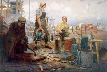 O estaleiro vermelho de Sormovo, c.1920 (litografia a cores)
