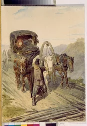 Troika (carruagem russa puxada por três cavalos). Obra de Pyotr (Piotr) Petrovich Sokolov (1821-1899), aquarela sobre papel