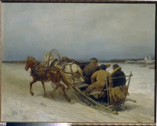 Troika no inverno. (Engate tradicional russo, puxado por três cavalos). Pintura de Pyotr (Piotr) Petrovich Sokolov (1821-1899), óleo sobre tela