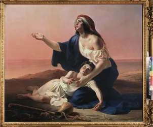 Agar e Ismael no deserto. (O servo egípcio de Abraão, com o filho ilegítimo do profeta, caçado no deserto, quando a água acaba). Pintura de Pyotr Stepanovich Petrovsky (1814-1842), óleo sobre tela