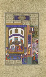 Mihrab descarrega sua raiva sobre Sindukht, fólio 83v do Shahnama Book of Kings..., c1525-30