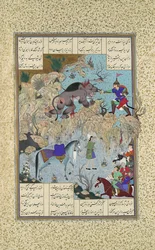 Bahram Chubina mata o macaco-leão, fólio 715v do Shahnama Book of Kings..., c1530-35