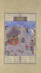 Rustam traz o Div King para Kai Kavus para execução, Folio 127v do..., ca. 1525-30