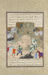A justa final das torres: Gudarz versus Piran, Folio 346r do Shahnama..., ca.1525-30.