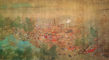 A visita do imperador Kang Shi a Kiang-Han em 1699, depois de Chaio Ping Chen (1661-1722) (tinta e cor em papel de seda)