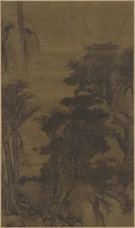 Paisagem, com, templo, e, viajantes