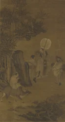 O primeiro ministro Yang Su e a juventude estudiosa, o 17o-18o século (tinta e cor no painel de seda)