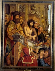 Ecce Homo Pontius Pilate (Pontius Pilatius) apresentando Cristo à multidão de judeus. pintura de Quentin Metsys (1466-1530) (ec.flam.) Sol do século XVI. 1,6x1,2 m Madrid, Musee du Prado.