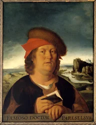 Retrato presumido do médico Paracelsus (1493-1541) (Paracelsus Aracelsus ou Theophrastus Bombastus Von Hohenheim). Pintura. Cópia após o original perdido de Metsys Quentin (1465/1466-1530). Dim: 0,72 x 0,54 cm. Musee du Louvre. - Retrato presumido do