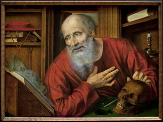 São Jerônimo em sua cela. Pintura de Quentin Metsys (Quinten Massys) (1466-1530), primeira metade do século XVI, arte primitiva flamenga. Museu Kunsthistorisches, Viena, Áustria.