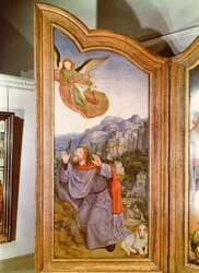 O parentesco sagrado, ou o retábulo de Santa Ana, detalhe do painel da esquerda representando a Anunciação a Joaquim, 1509