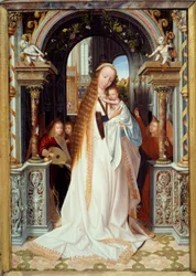 Virgem e criança com três anjos (Painel central de um tríptico). Pintura por Quentin Metsys (1466-1530) (escola de fogo) 1509 Dim. 0,54 x 0,37 m Lyon, musee des Beaux Arts - Virgem e Criança com três anjos. Painel central de um tríptico. Pintura de Quentin