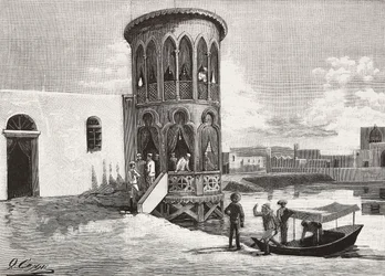 Uma pequena torre mourisca que alberga o clube dos oficiais italianos, Massawa, Eritreia, gravura a partir de um desenho de Quinto Cenni e um esboço de Pieragostini, de L