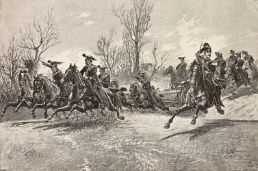 Artilharia a cavalo, exército italiano, gravura de desenho de Quinto Cenni, de L